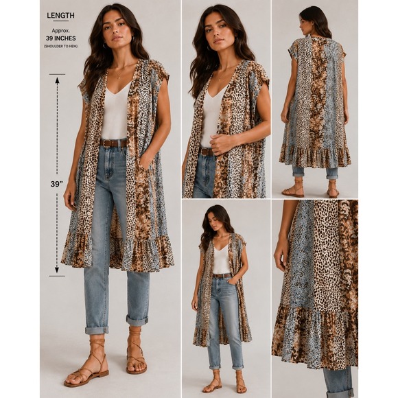 Kori Jackets & Blazers - Kori Mixed Leopard Paisley Patchwork Ruffle Duster Vest Brown Blue ML B6888